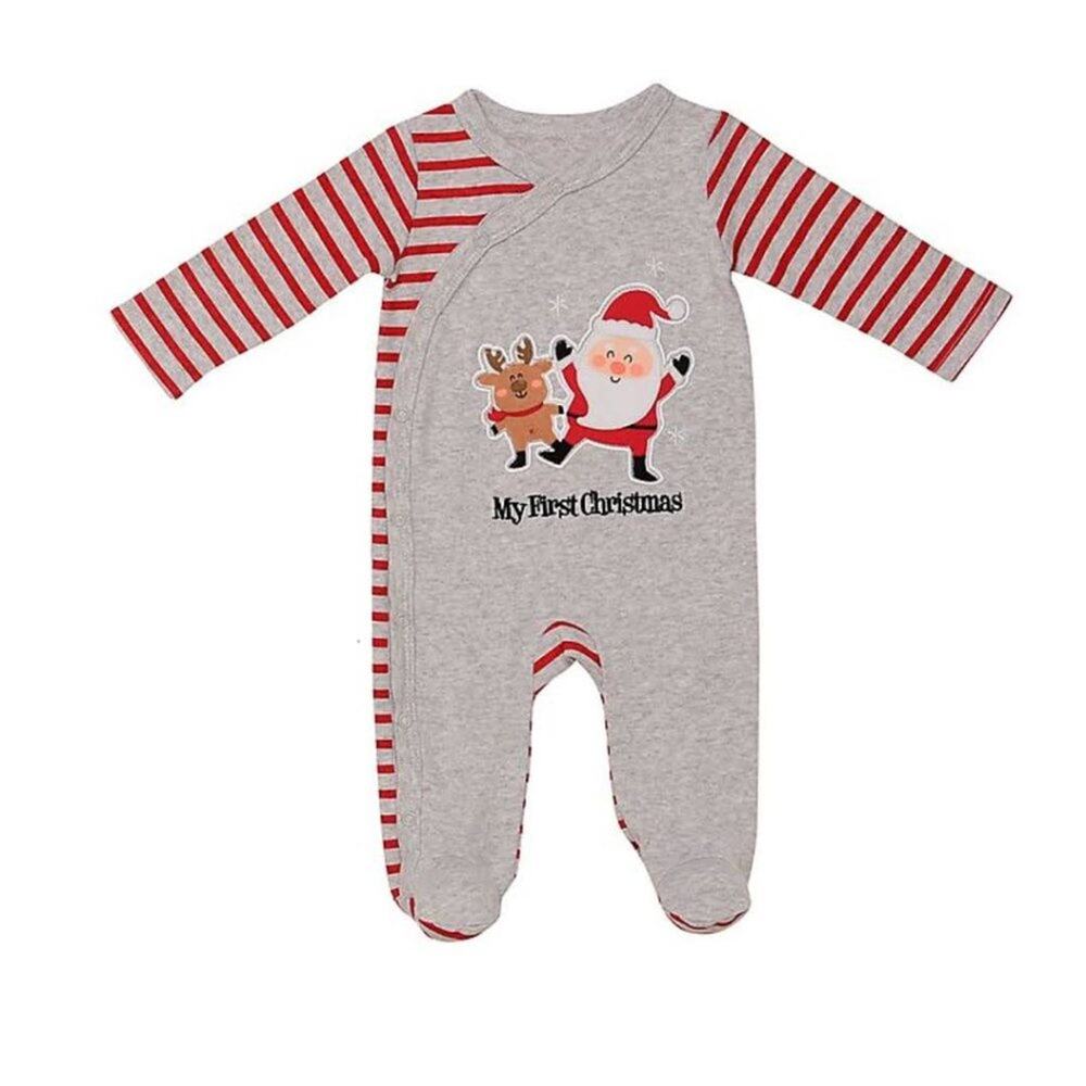 MY FIRST CHRISTMAS Gray Bodysuit Santa Reindeer Snowflakes Holiday Photo NB